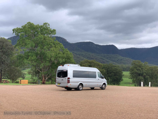 Mercedes Sprinter at Tyrells Wines with Broke Mountains behind